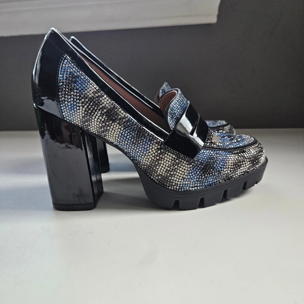 Rhinestone Heel Loafers Platform Block Plaid 6.5 Glam Sparkle Maximalist Party